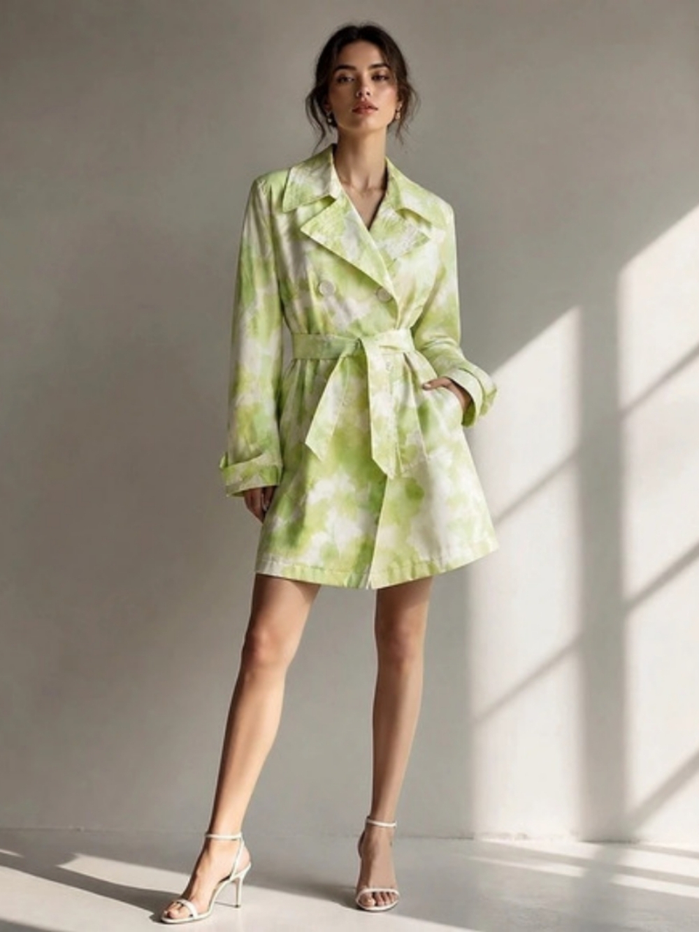 Vintage 90s Chartreuse Green Floral Trench Rain Coat Size Medium Y2K Mod Retro
